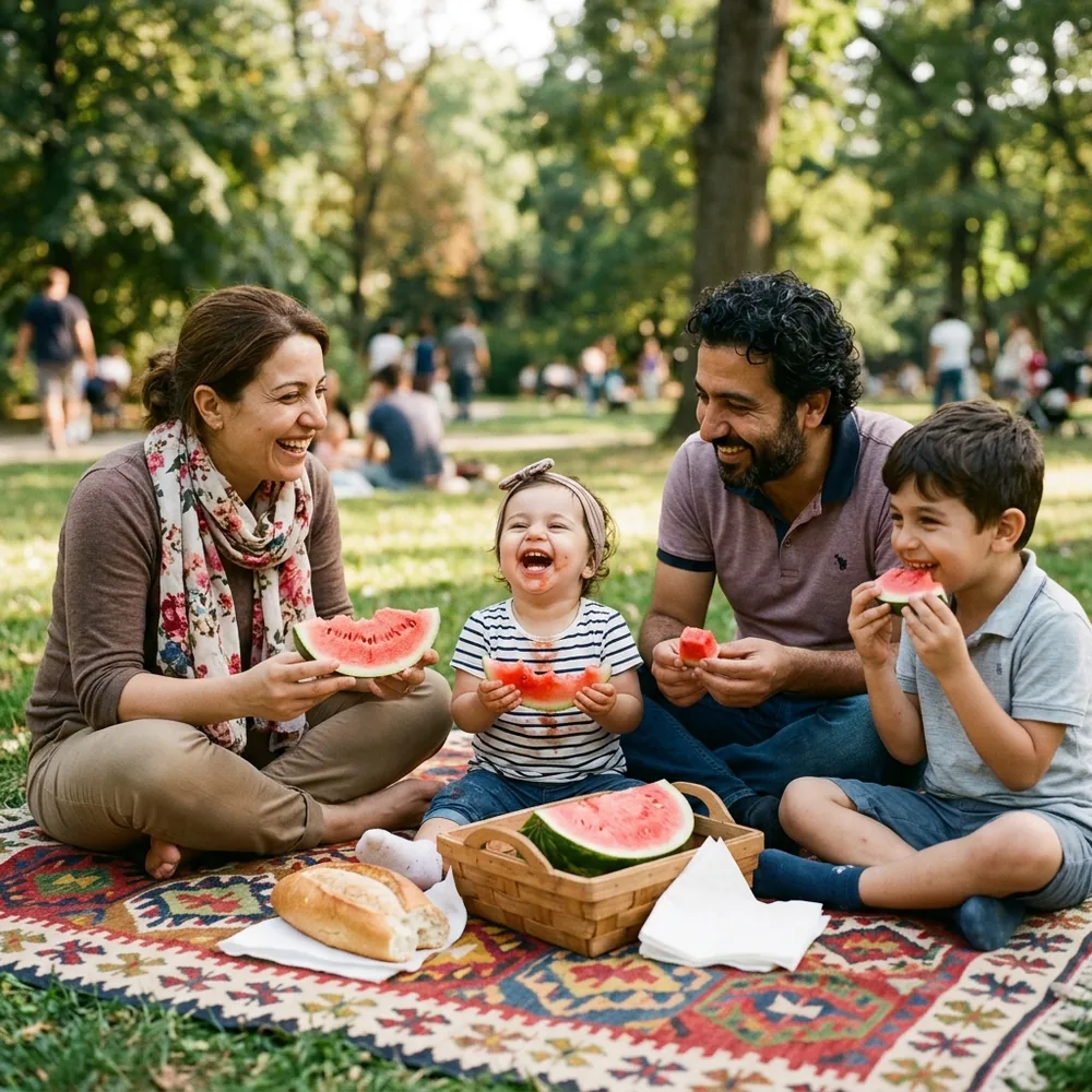 Aile tatili anısı: parkta piknik yapan aile — anı kitabına yapıştırılacak kare