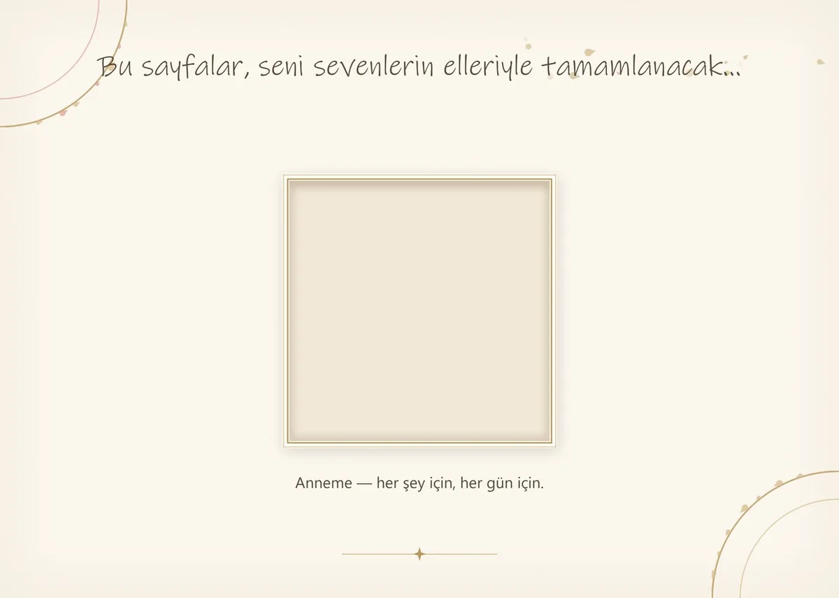 Anneler günü anı kitabının karşılama sayfası: ortada fotoğraf çerçevesi ve ithaf notu