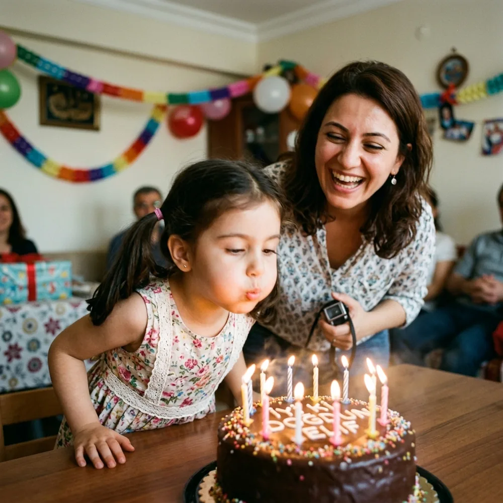 Doğum günü partisinde mumları üfleyen çocuk — anı kitabına yapıştırılacak türden bir kare