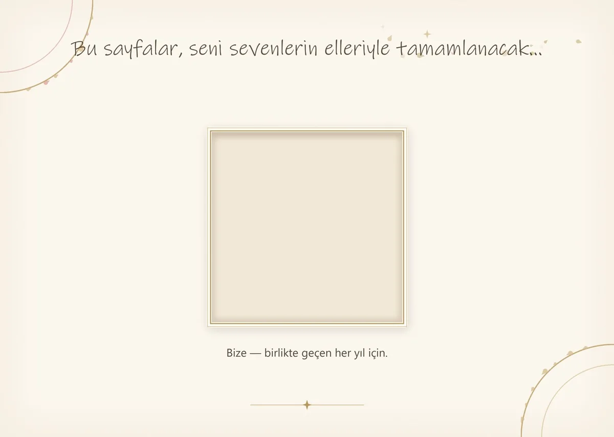 Evlilik yıl dönümü anı kitabının karşılama sayfası: çiçek yaprakçığı süslemeli fotoğraf çerçevesi