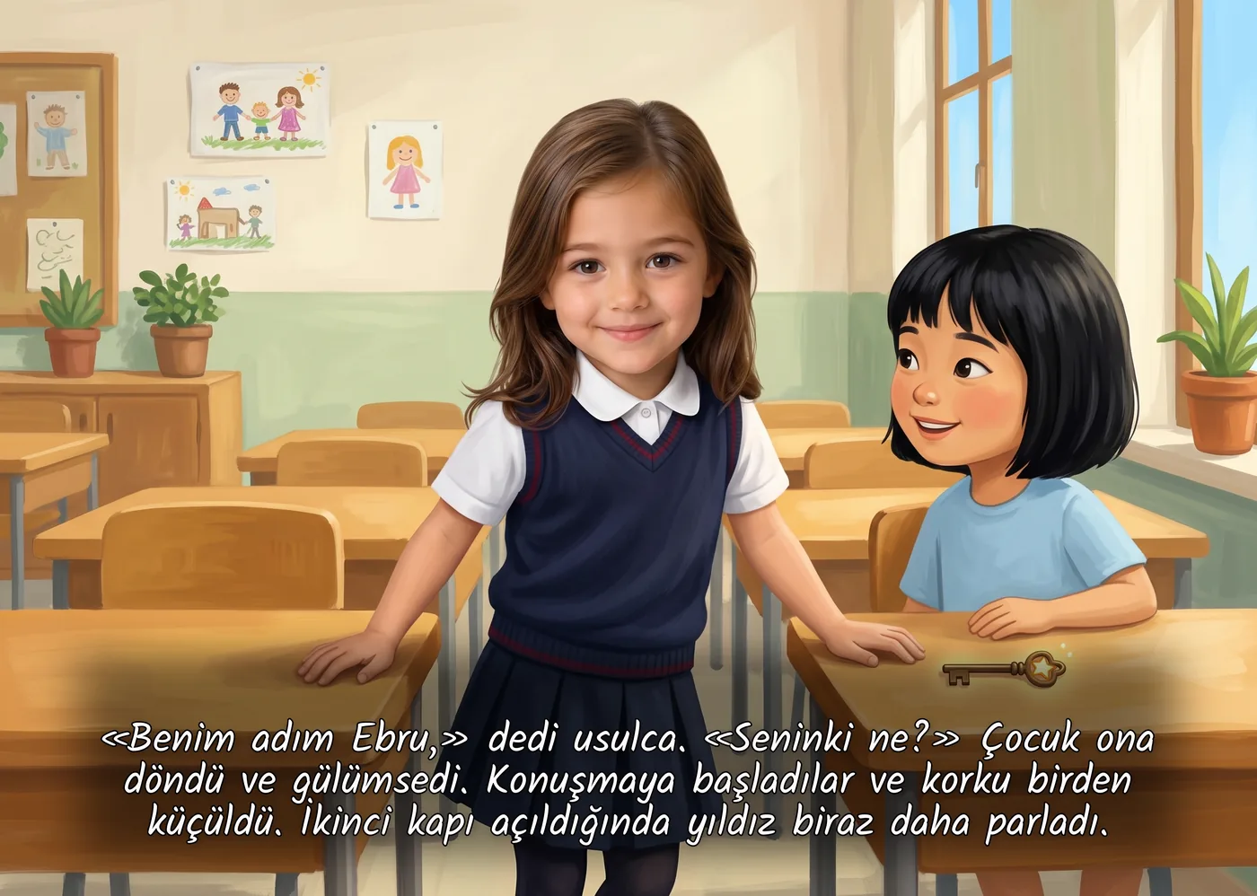 Okul üniformalı çocuk sınıfta sıra arkadaşına dönüp gülümsüyor, ikisi tanışıyor