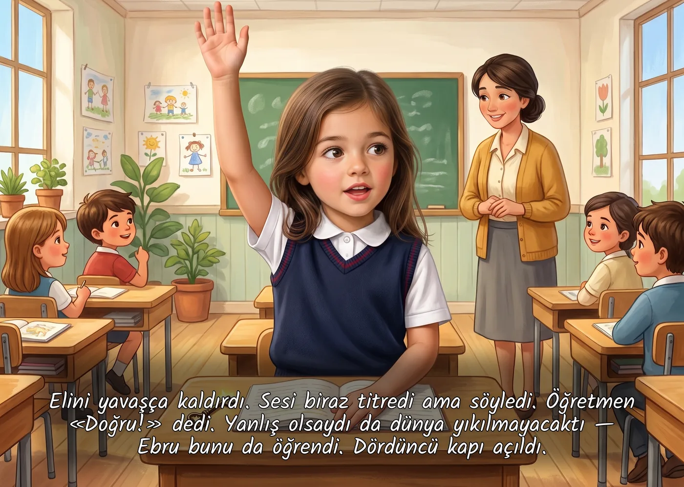Çocuk sınıfta parmağını kaldırmış, öğretmen arkada gülümseyerek onaylıyor