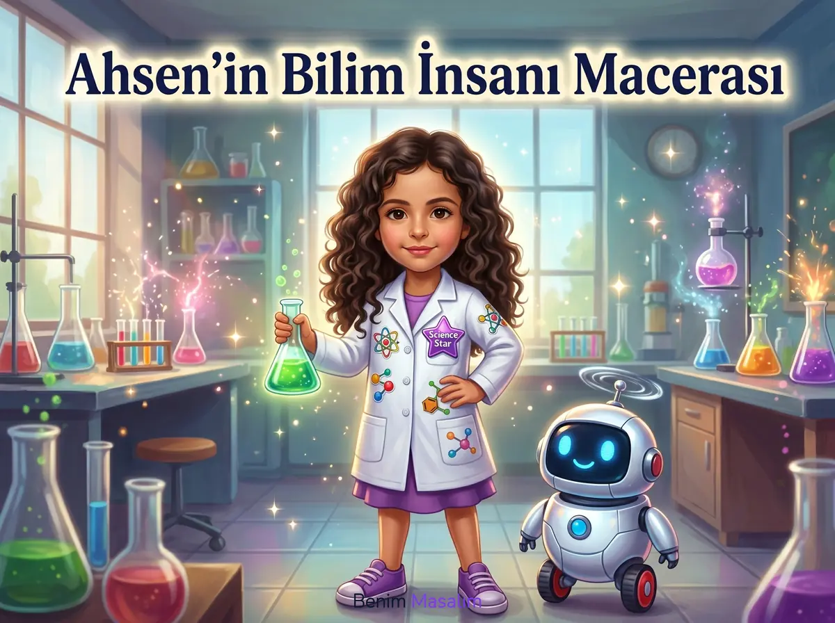 Ahsen adına kişiselleştirilmiş bilim insanı temalı çocuk kitabı kapağı - yapay zeka ile üretilmiş illüstrasyon